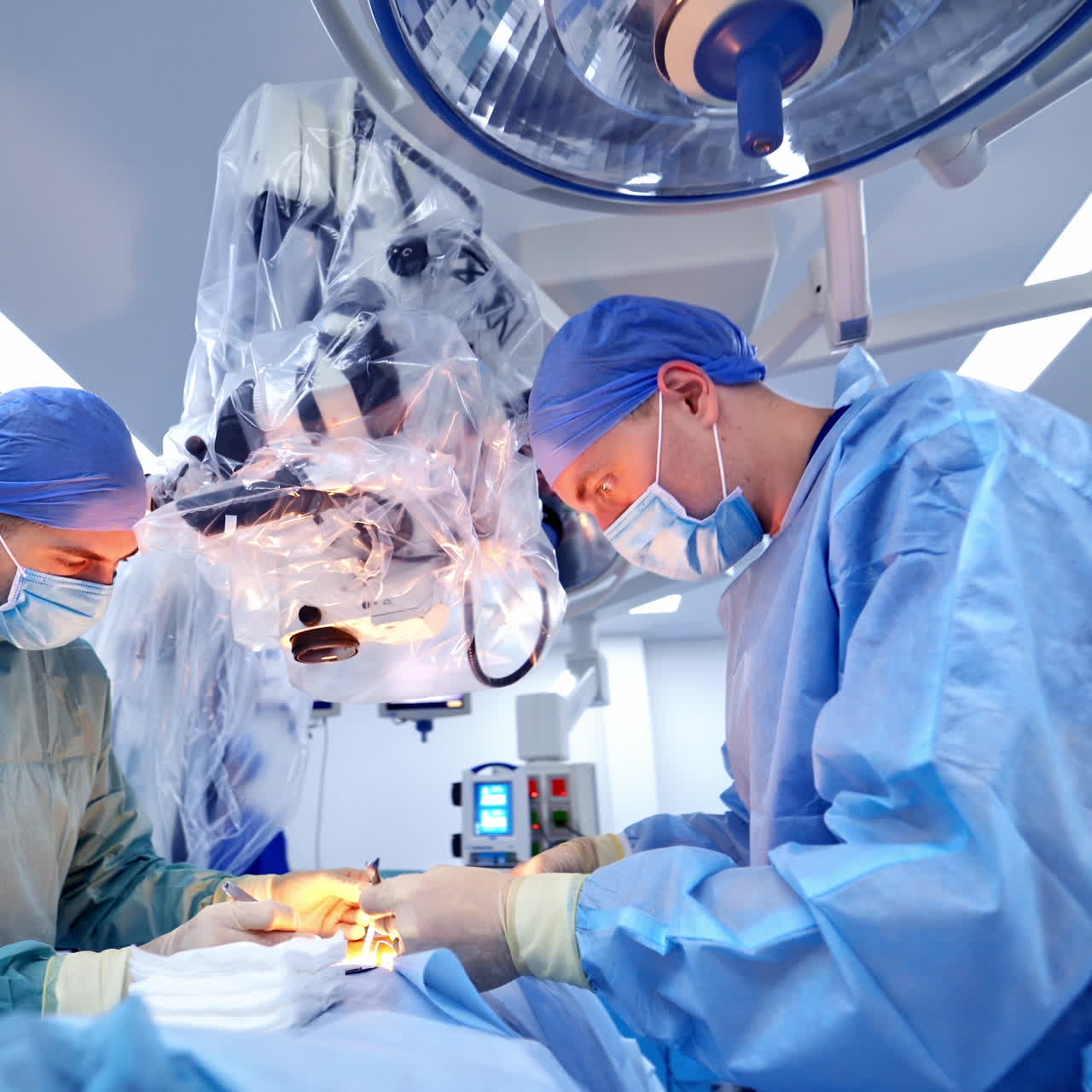 Neurosurgery team operating in clinic. Medical team of surgeons performing operation in modern operating room.