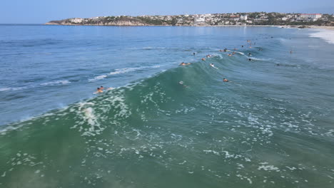 many surfers swimming towards the ocean waves