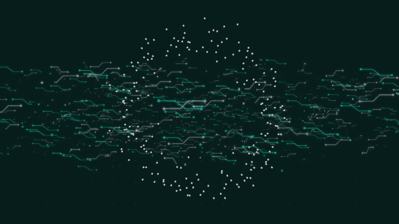 Animation of particles spinning and computer circuit board elements moving on black background