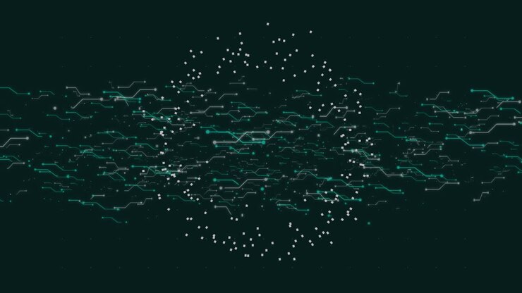 Animasjon av spinnende partikler og bevegelige datakretskortelementer på svart bakgrunn