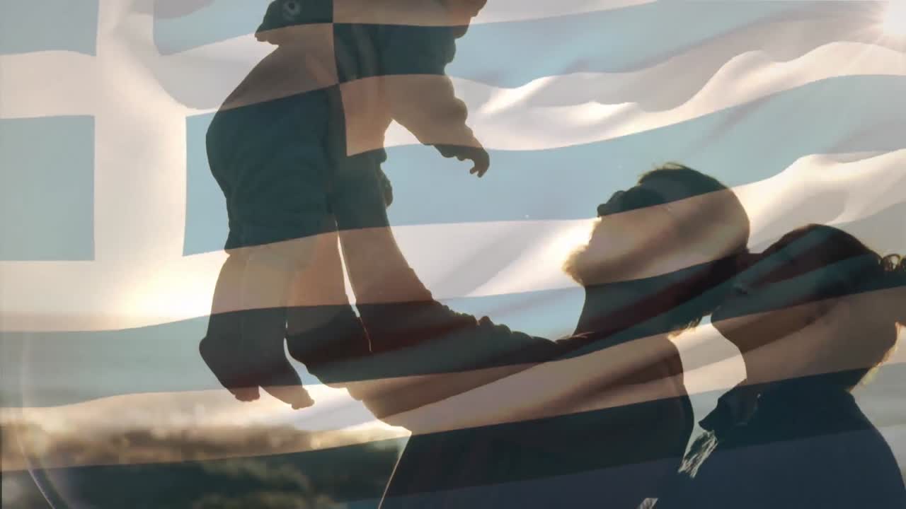 해변에서 아기를 들고 있는 백인 부부에 대항하여 그리스 발을 흔들고 있는 애니메이션