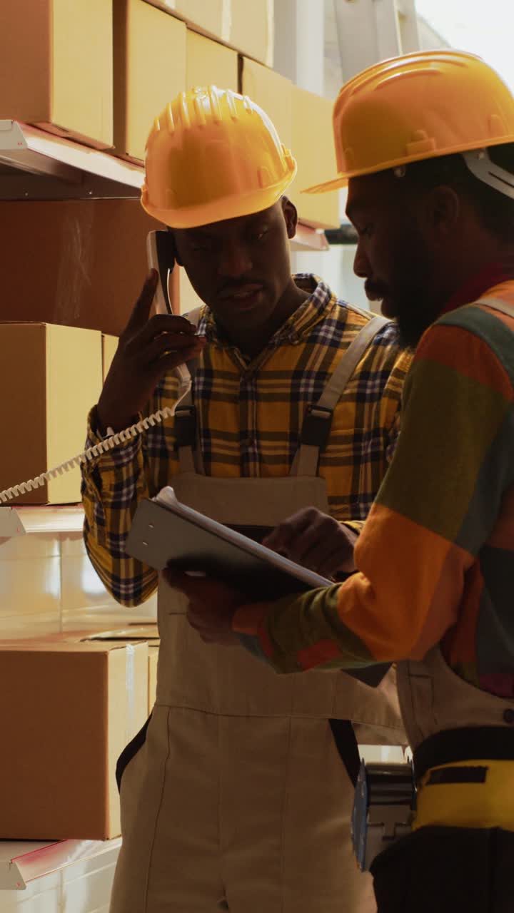 Vertical video: Team of men working on inventory order in warehouse