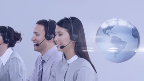 Animation-of-globe-with-network-of-connections-over-business-people-using-phone-headsets