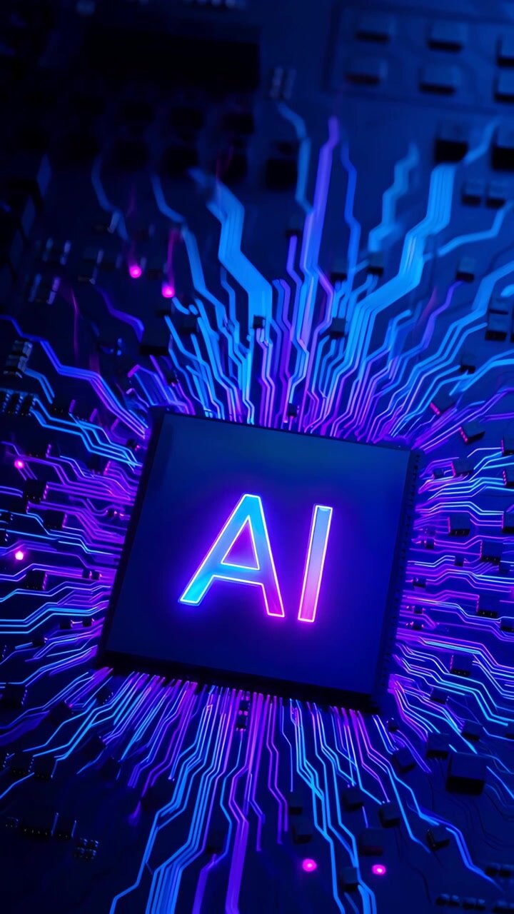 Sfondo Tecnologico Futuristico con Scheda Madre e Chip AI 4K