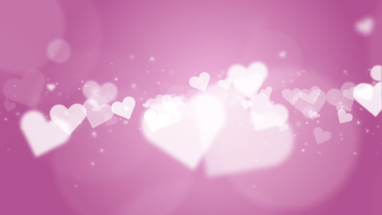 Abstract festive pink background with shapes of love hearts in the middle. Blurred round bokeh. Looped romantic animation.