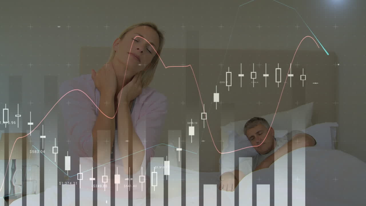 анимация графиков, движущихся над белой женщиной, расслабляющейся с мужем в постели дома.