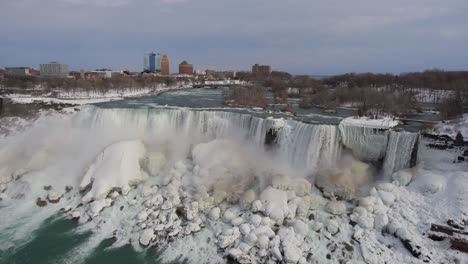 niagara falls and icy snowy surroundings in winter, wide aerial pan