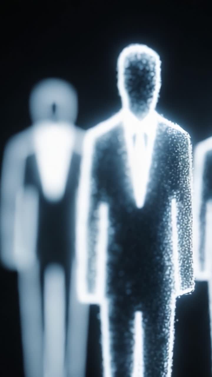 Beleuchtete Figuren in der Tiefe: Eine visuelle Erkundung abstrakter menschlicher Silhouetten, die markante Merkmale in einer abgedunkelten Umgebung hervorheben.