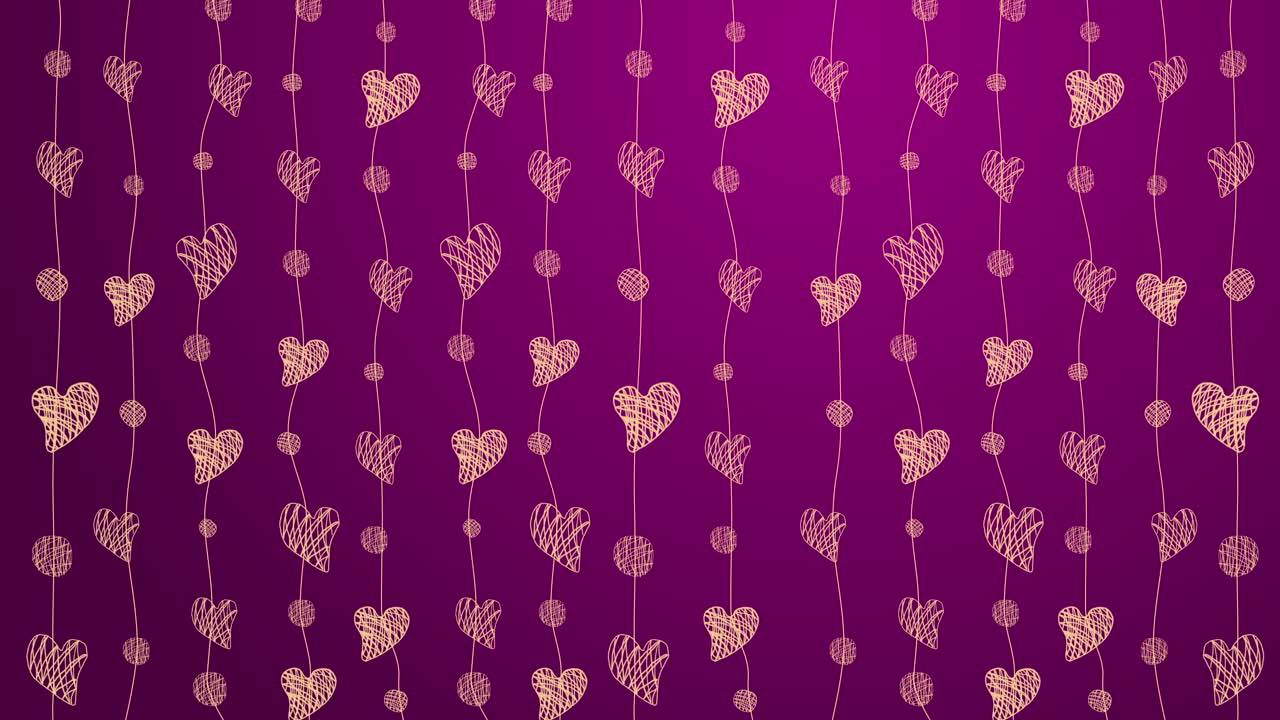 Yellow drawn sketches of shapes of hearts on swinging threads. Looped animation of a romantic purple background. Copy space.