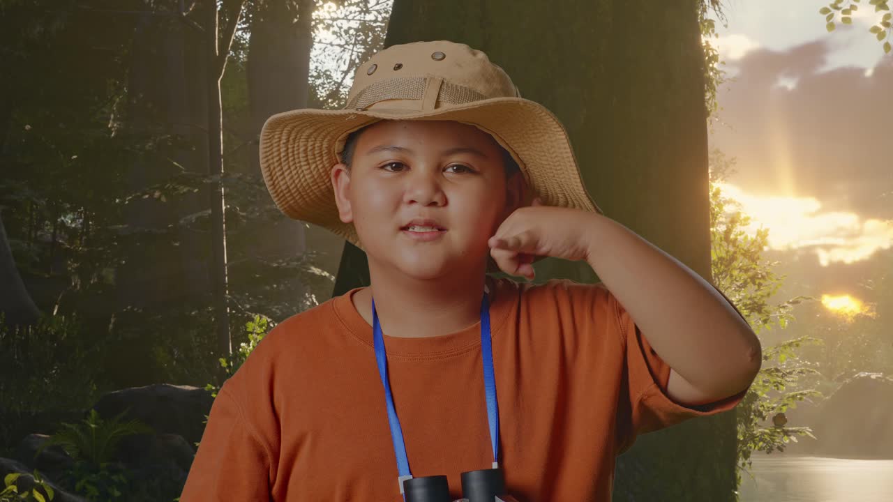 모자와 안경을 쓴 아시안 소년은 숲의 자연을 탐험하는 동안 커플링 글래스를 사용하고 제게 전화하는 제스처를 만니다. 소년 연구자는 무언가를 조사합니다. 여행 모험, 클로즈업.