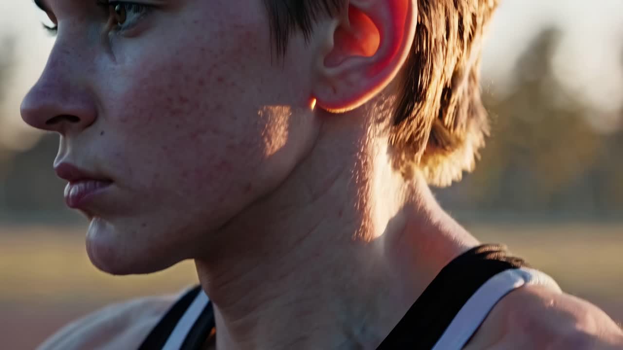 Close-up side profile of a focused athlete outdoors, captured at sunset
