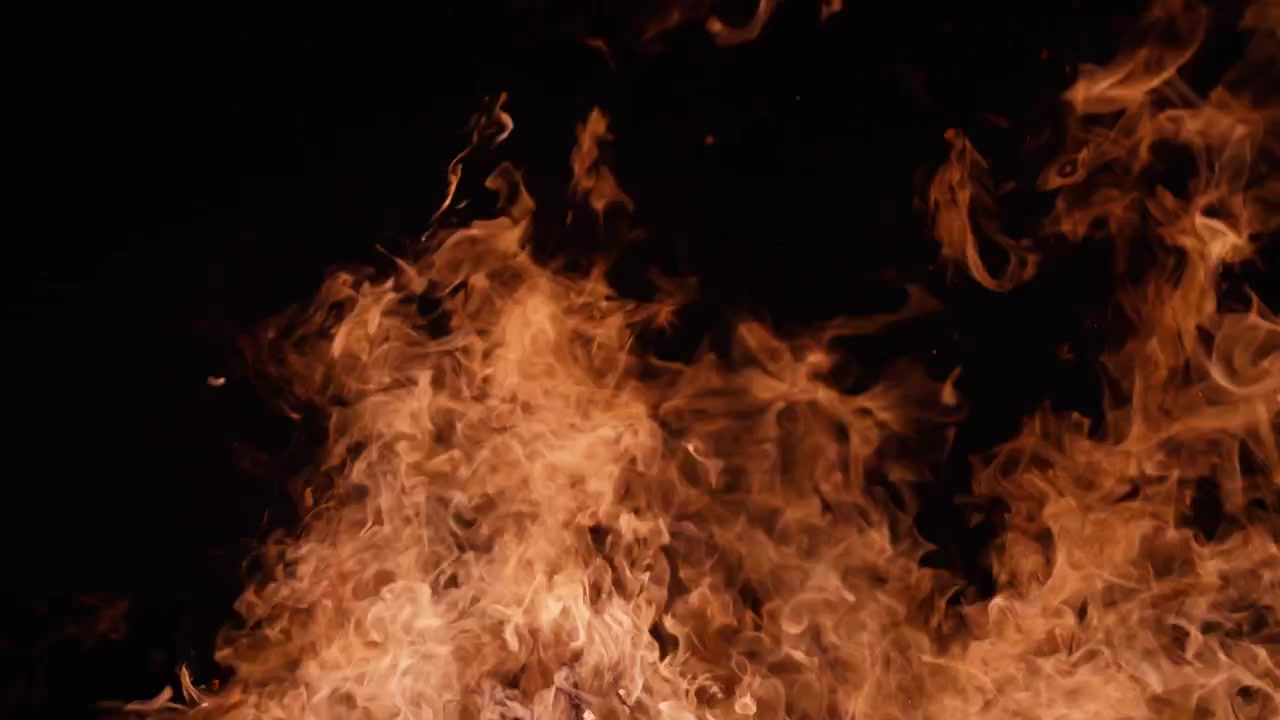 Fiamme dinamiche di falò con braci su sfondo nero