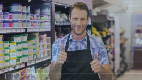 animation of data processing over caucasian male worker in shop