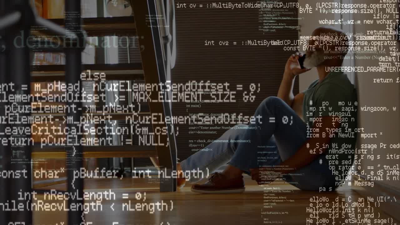 Animation of data processing over african american man talking on smartphone at home