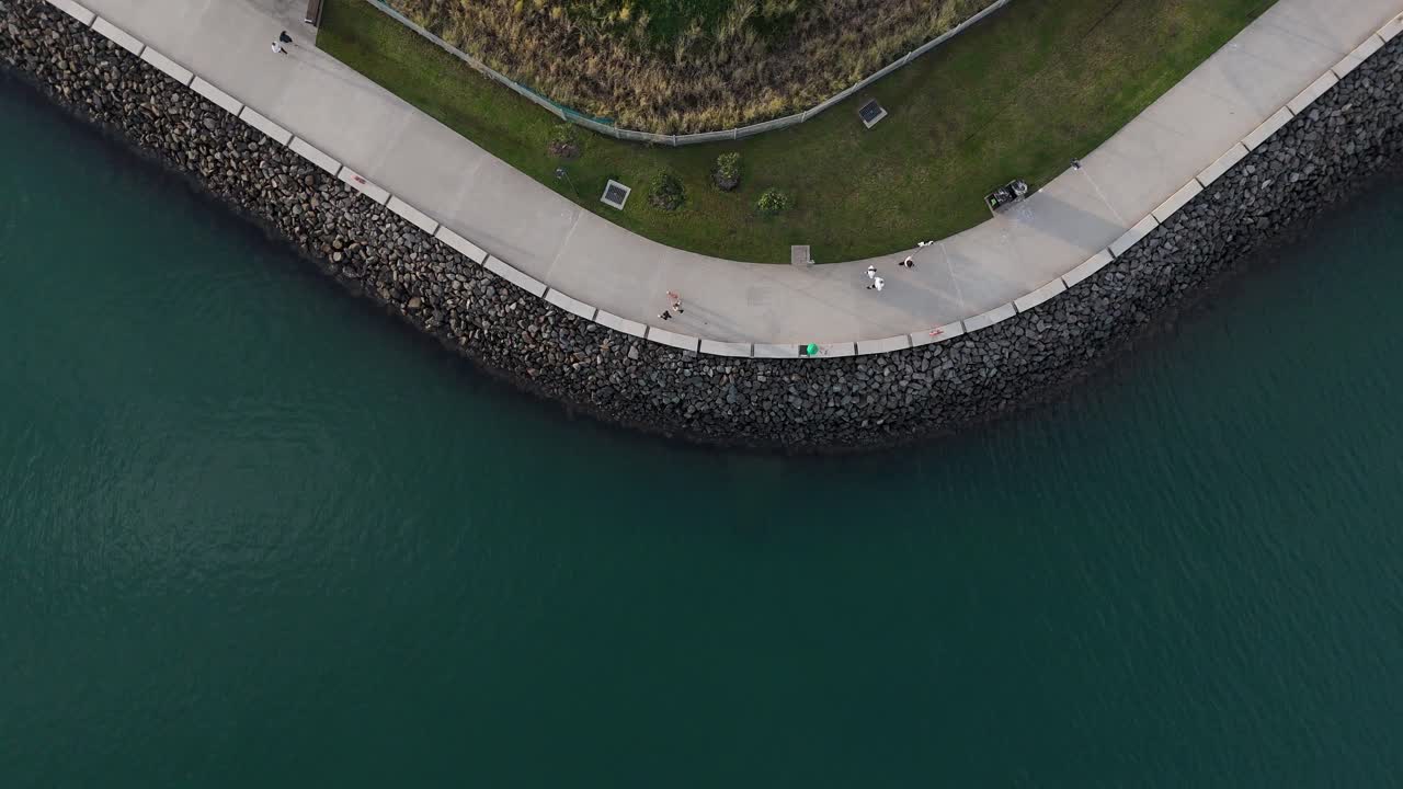 드론  다운 트래킹은 가족들이 풀과 함께 바다 전망 산책로를 따라 걸어가는 것을 따라합니다.