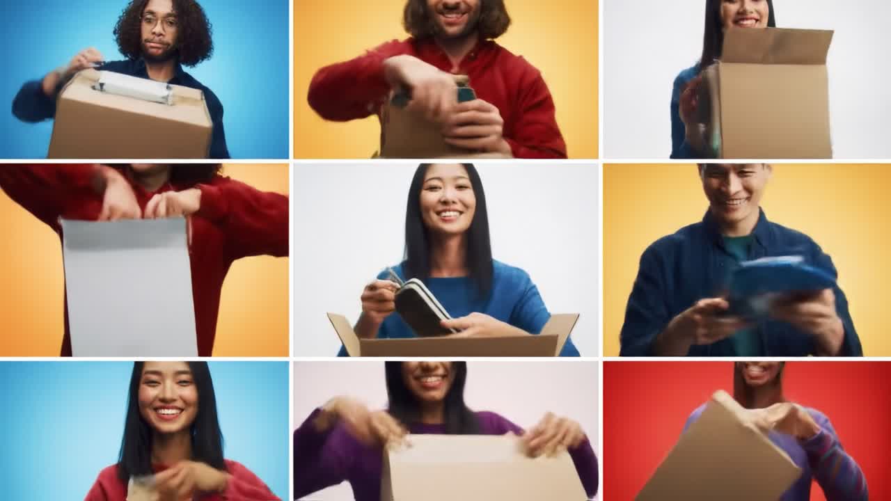 A group of individuals joyfully unboxes various items, sharing their surprise and delight. Each person expresses their reactions in colorful backdrops, creating an engaging atmosphere of discovery.