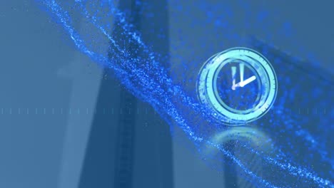 Animation-of-blue-light-trails-over-clock-and-office-buildings-on-blue-background