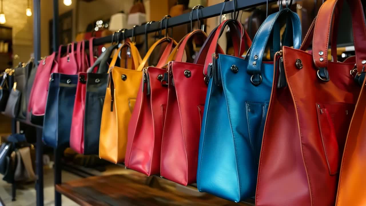 una fila de bolsos de mano coloridos colgando en un estante en una tienda