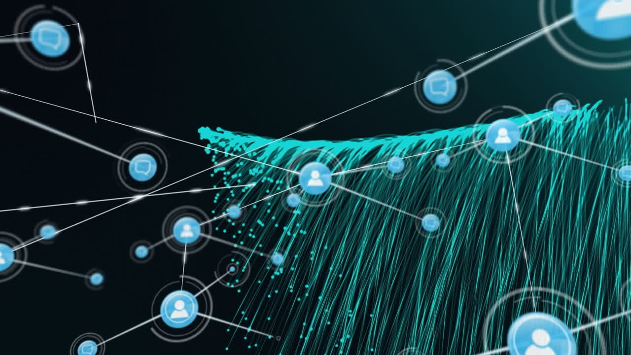 Animation of network of connections with digital people icons over green light trails