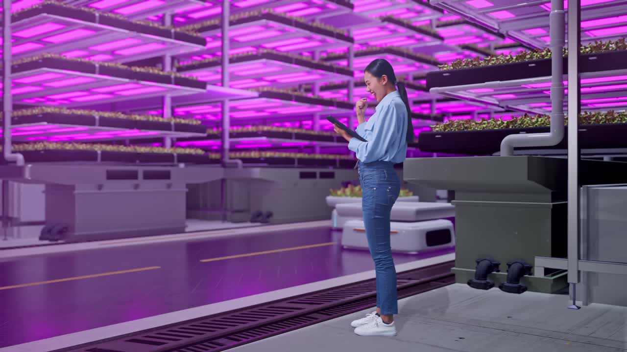 Full Body Side View Of An Asian Female Professional Worker Standing With Her Tablet In Vertical Farm, High-tech Industrial Facility, She Raises Her Fist Up With Screaming Goal
