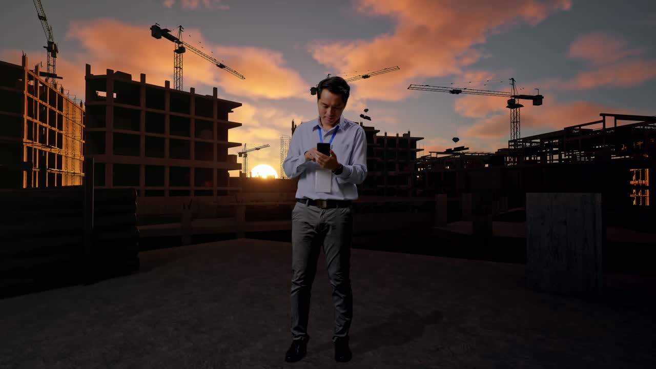Cuerpo completo de un trabajador profesional asiático de pie con su smartphone en una obra en construcción para una nueva casa, trabajando continuamente