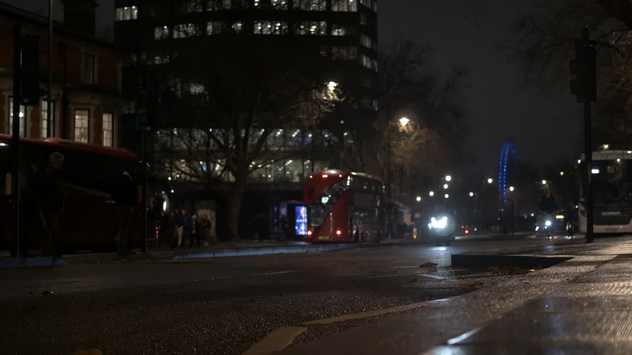 Rush hour travel commute on a rainy night in London with London Eye in background