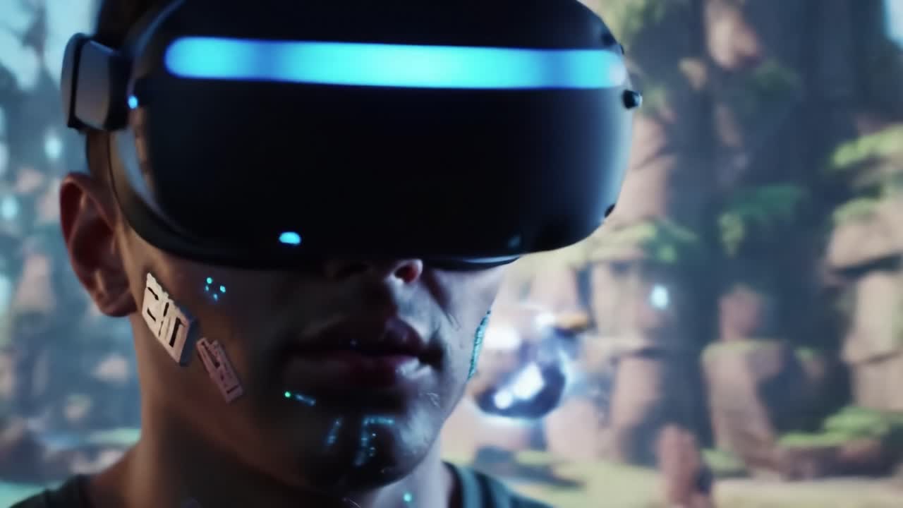 A user engages in a captivating virtual reality experience, fully immersed in a dynamic environment filled with futuristic visuals and interactive elements.