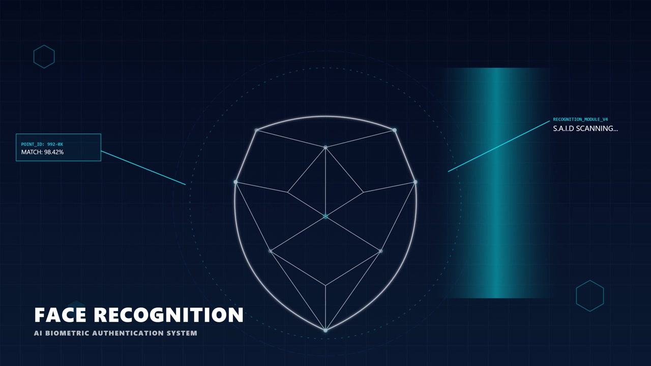 Digital Face Recognition Interface Scanning a Geometric Wireframe