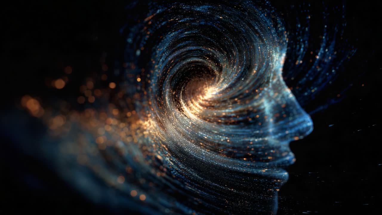 A captivating visual representation of the swirling cosmos within a human silhouette, emphasizing the interplay between identity, consciousness, and the universe through intricate patterns and luminous energy