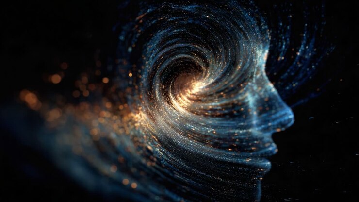 A captivating visual representation of the swirling cosmos within a human silhouette, emphasizing the interplay between identity, consciousness, and the universe through intricate patterns and luminous energy