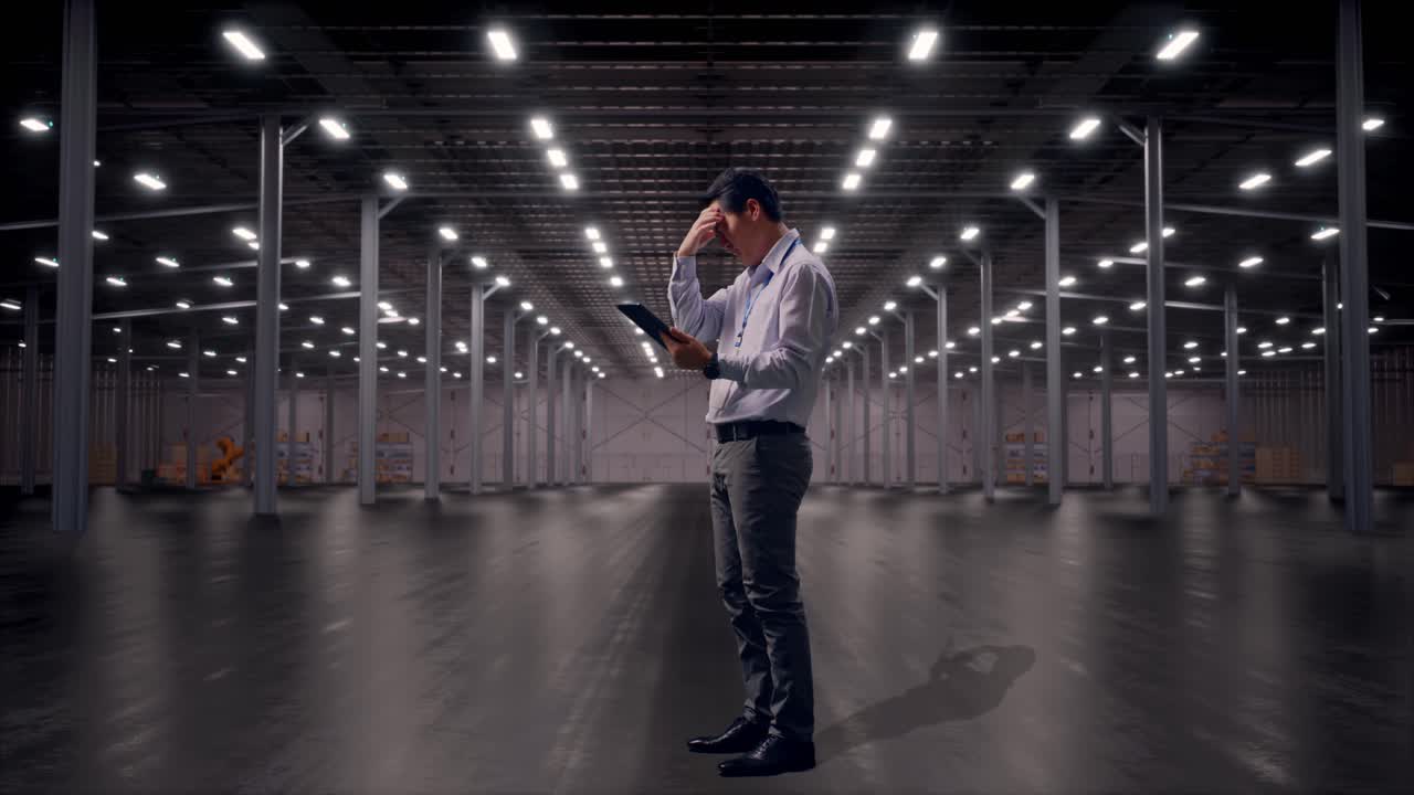 Helkropsbillede fra siden af en asiatisk mandlig professionel arbejder, der står med sin tablet i et tomt, moderne lager. Han nikker opgivende med hovedet
