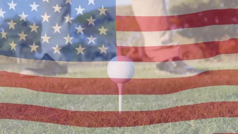 animation of golf ball on grass over waving flag of usa