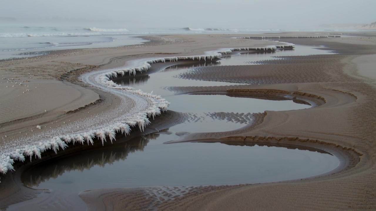 Starting drone gliding over curving tidal channel at cold coastal beach, revealing ice fringe