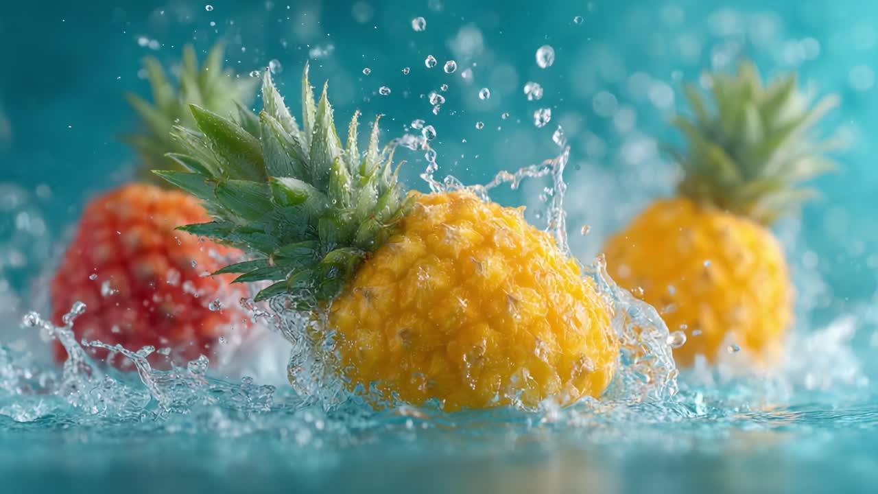 A Vivid Splash of Fresh Pineapples in Water Showcasing Their Lush Texture and Bright Color, Ideal for a Refreshing Summer Drink or Tropical Theme