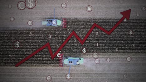 aerial top down tractor harvesting corn farm plantation with graphic animation showing increasing of food prices causing wheat supply at risk of a dangerous shock due to heat and drought