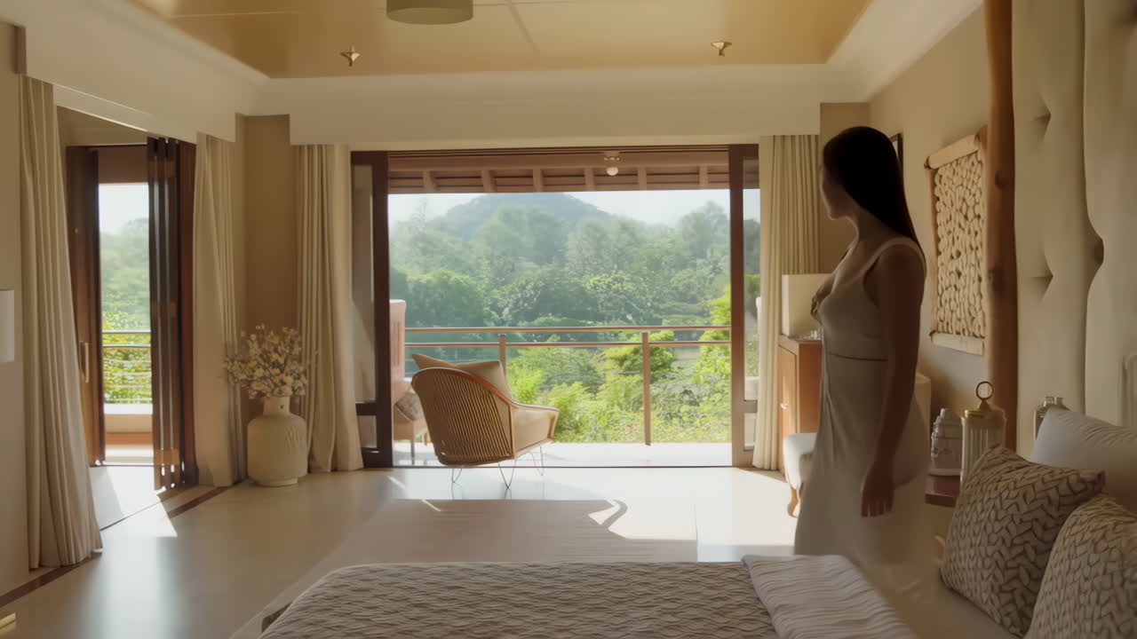 A woman walks towards a balcony with a scenic view in a luxurious room