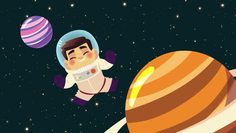 cute astronaut floating with planets in space character