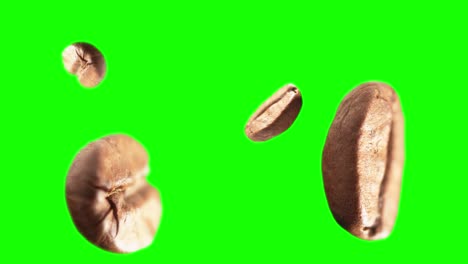 super cámara lenta macro toma de diferentes granos de café volando en la pantalla verde, alpha chanel. granos de cafe, foto en 360 grados.