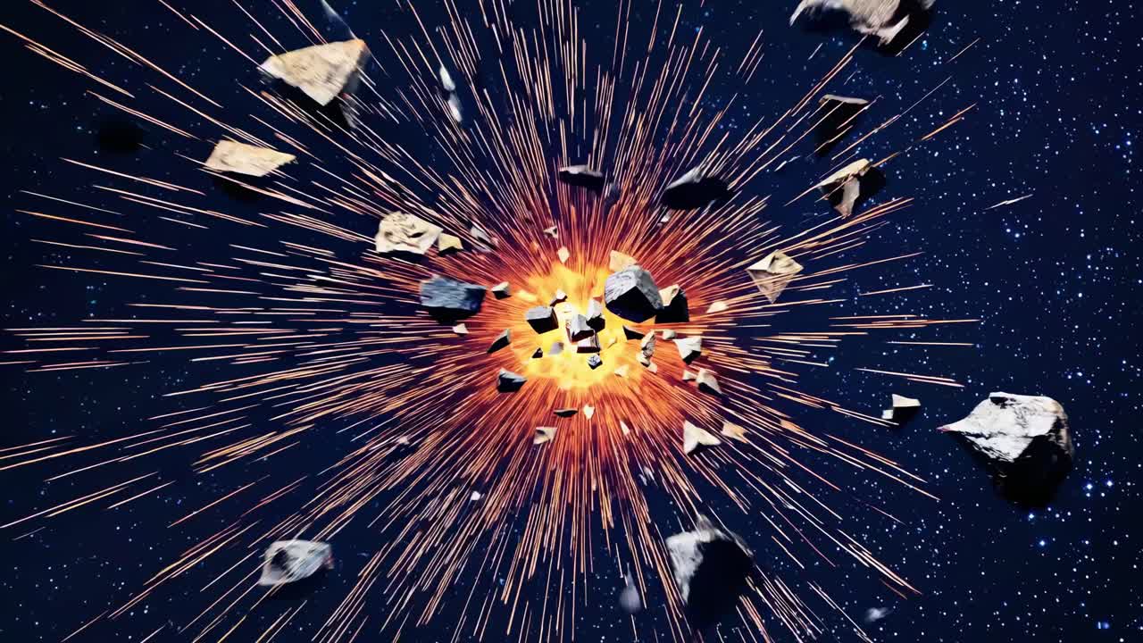 Dynamic video of an asteroid explosion in space, captured from a wide-angle view, showcasing debris