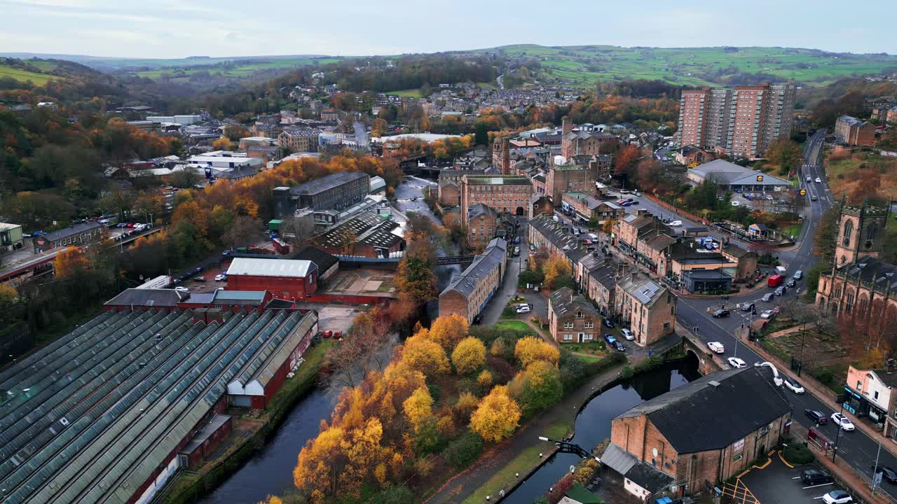 Aerial footage of the market town centre of Sowerby Bridge