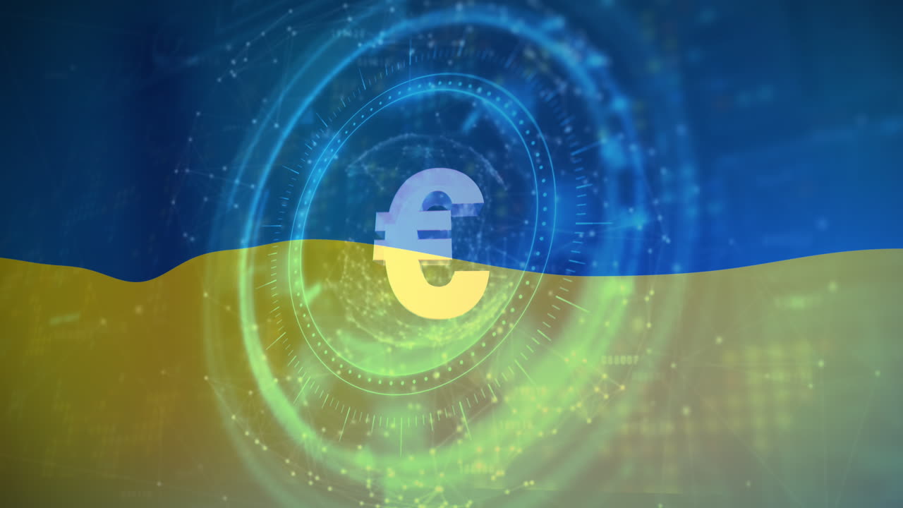 animación del escaneo del alcance y el símbolo del euro sobre la bandera de ucrania