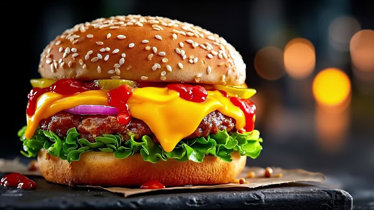 A cheeseburger with ketchup, mustard, onion, and lettuce on a bun