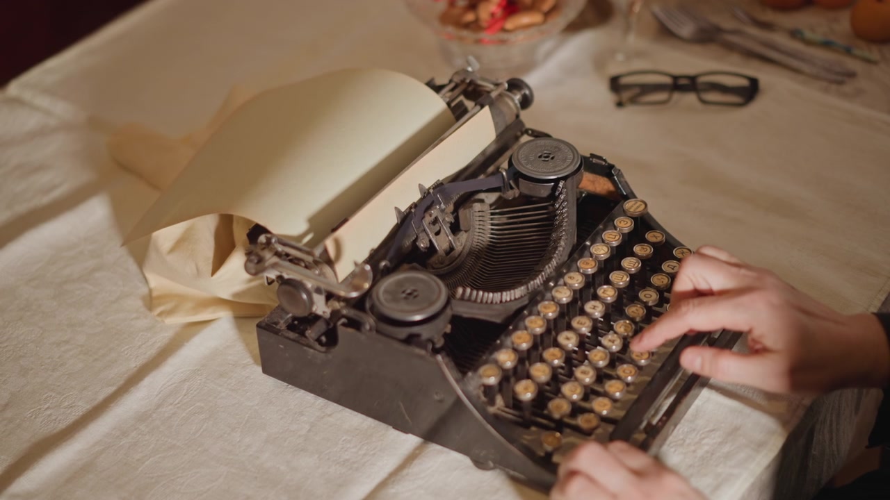Hands poised over vintage typewriter, journalist adjusting carriage and aligning paper, focused fingertips ready to press mechanical keys, warm tabletop with coffee and glasses, anticipation of first