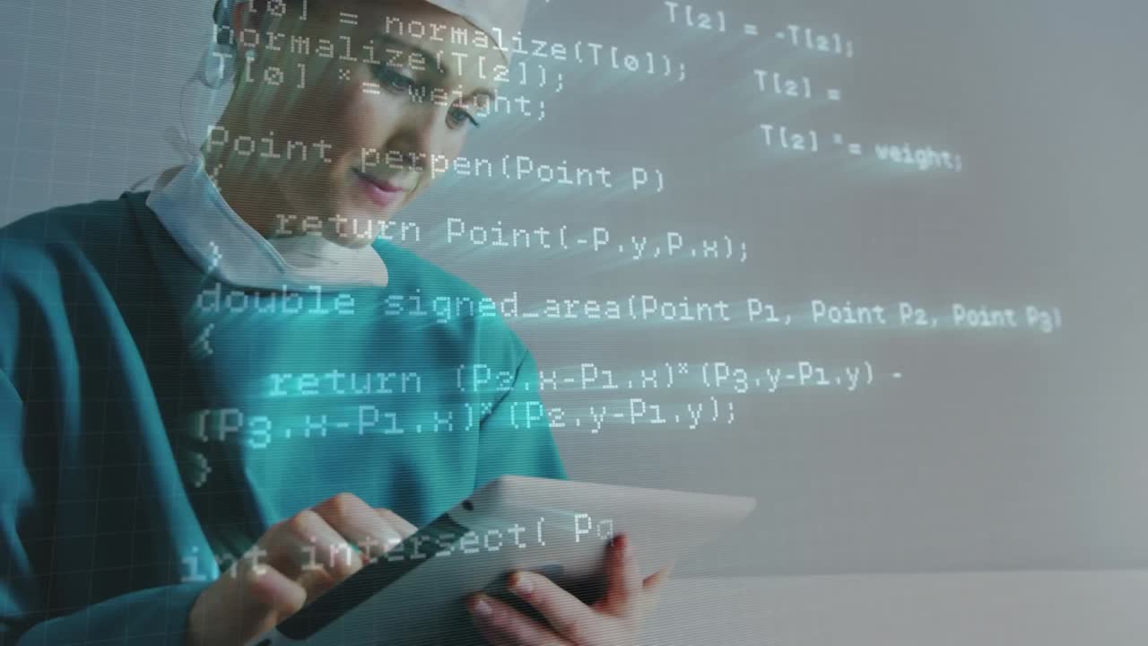 animación del procesamiento de datos sobre una cirujana caucásica que usa una tableta