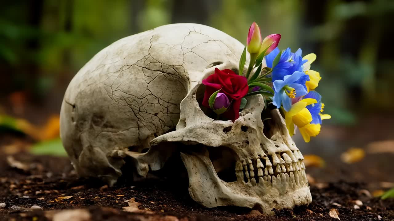 La camera si avvicina dopo aver posizionato i fiori, concentrandosi su un teschio umano consumato che mostra crepe nel bosco