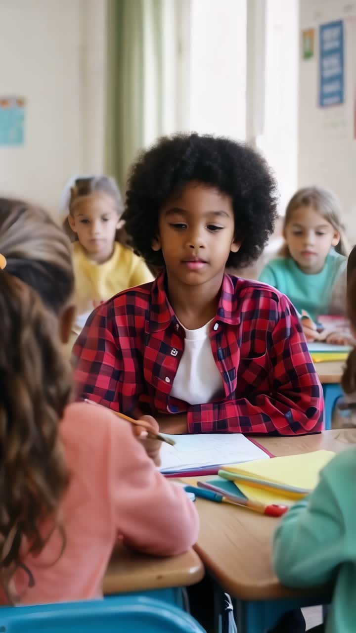 A diverse group of children are sitting in a classroom