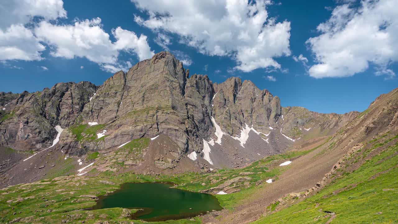 Timelapse, Clouds Above Picturesque Mountain Landscape With Alpine Lake on Sunny Summer Day