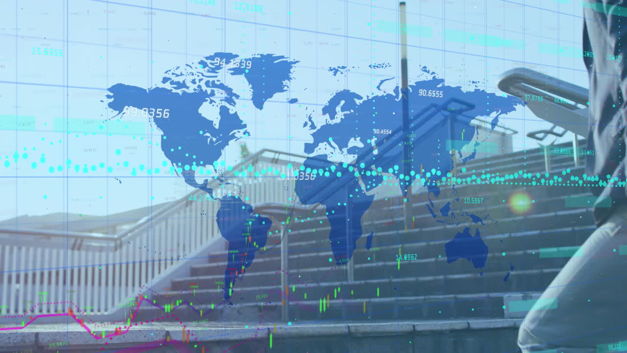 계단을 올라가는 가방을 들고 있는 백인 남자를 상대로 지도 위에 숫자를 가진 그래프의 애니메이션