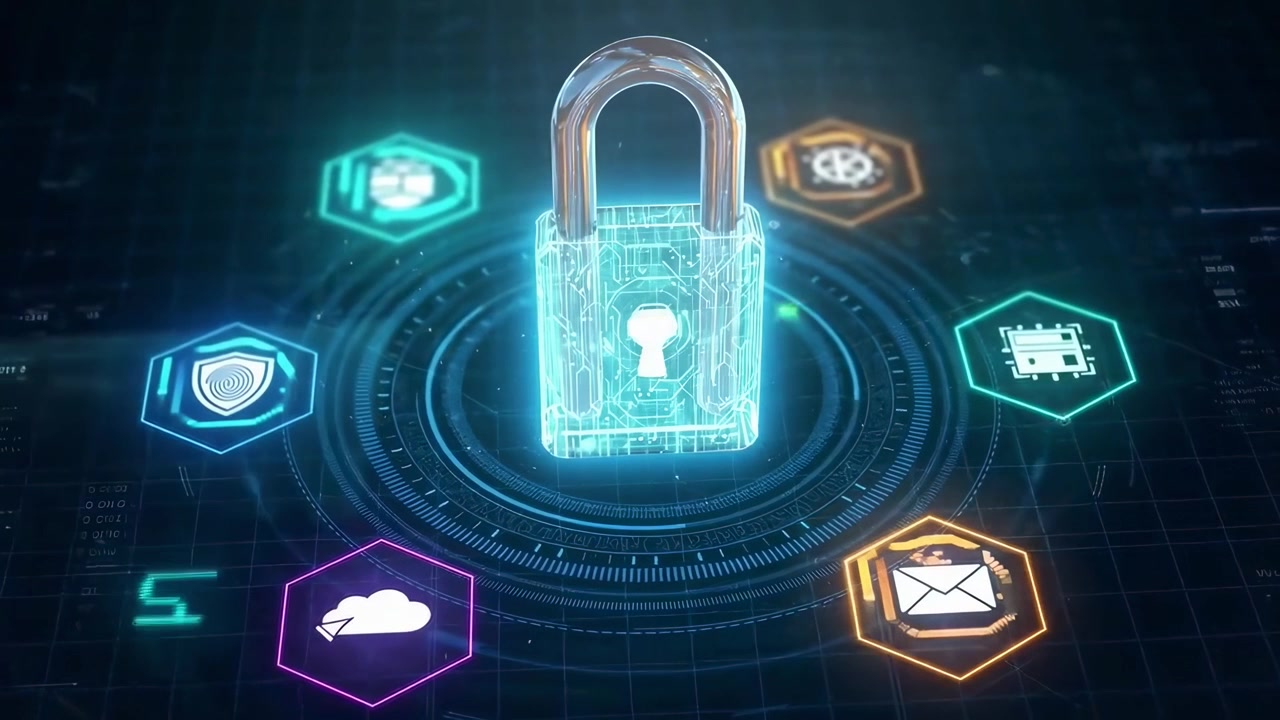 Digital Security Concept with Glowing Padlock and Data Icons