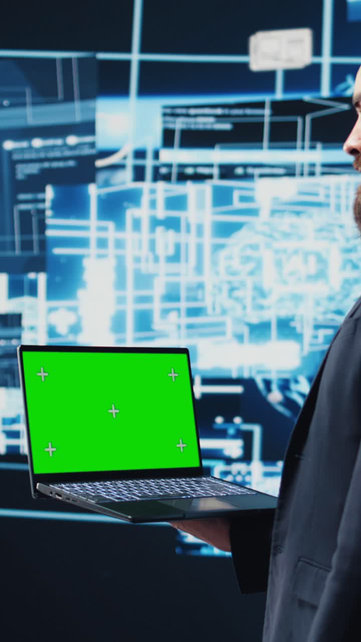 Vertical Video Business AI expert holding green screen on device next to brain animation